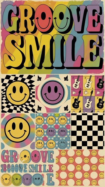 Photo set of trendy groove smile patterns collection of cool funky y2k posters