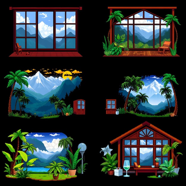 Set Tropical Chalet With Large Windows and Wooden Beams Mountain Views and Tropical Greenery A Fr