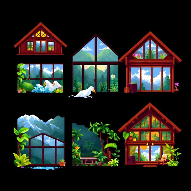 Photo set tropical chalet with large windows and wooden beams mountain views and tropical greenery a fr