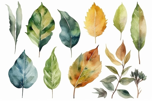 A set of tropical leaves on a white background