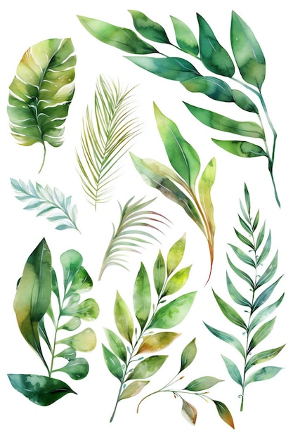 A set of tropical leaves on a white background.