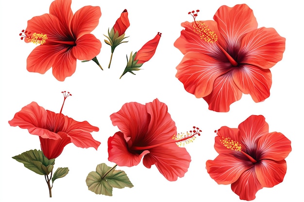 Set of tropical red hibiscus flowers flower plant element realistic