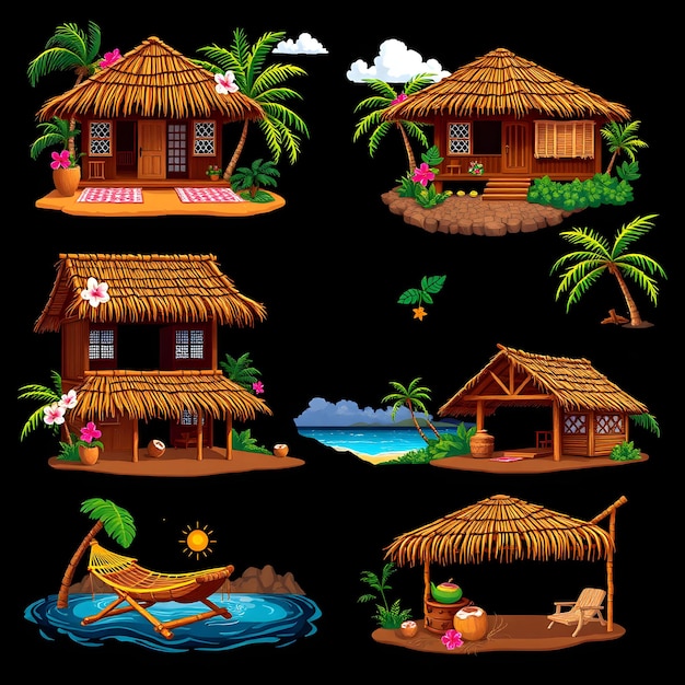 Set Tropical Villas With Palm Leaf Roofs Hibiscus Flowers and Coconut Shells Woven Hammocks and B