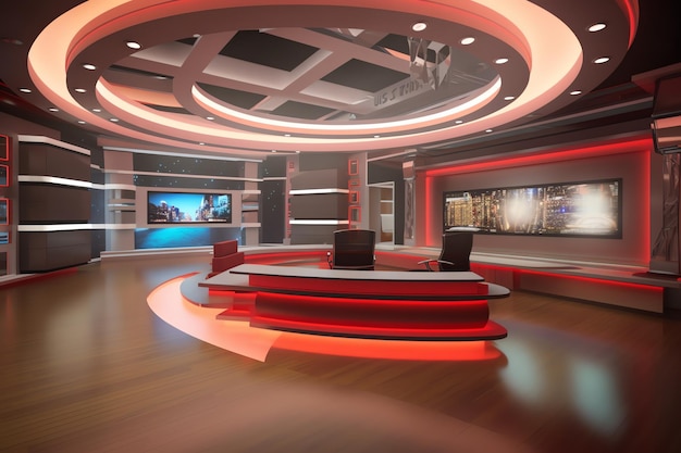 A set of tv studio interior with a red led light.