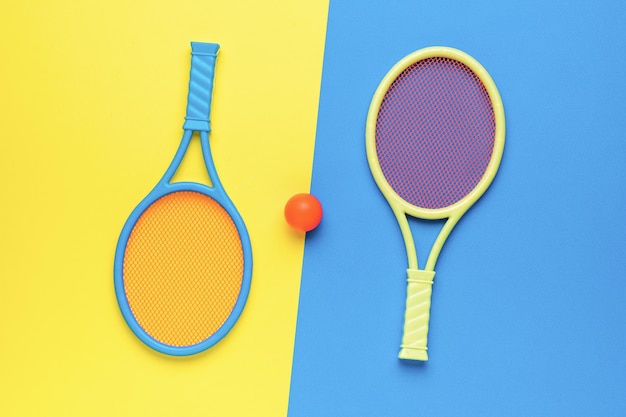 A set of two badminton rackets for children on a yellow and blue background Minimal sports concept