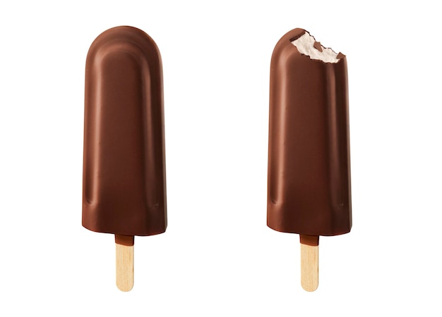 Set of two ice cream covered with chocolate isolated on white background one with bitten