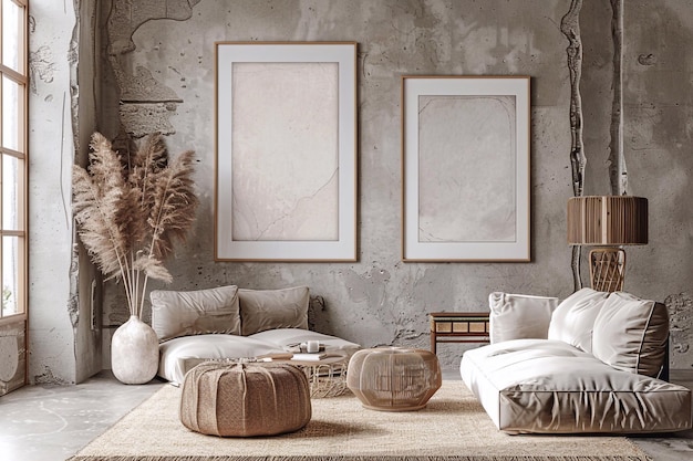 Set of two posters and frame mockups displayed on a wall in a living room with neutral wall colors a