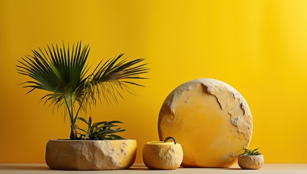 a set of two sand pails and a rock on a yellow wall