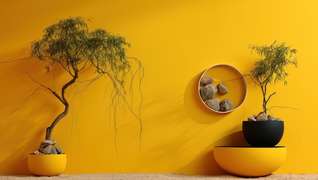 a set of two sand pails and a rock on a yellow wall