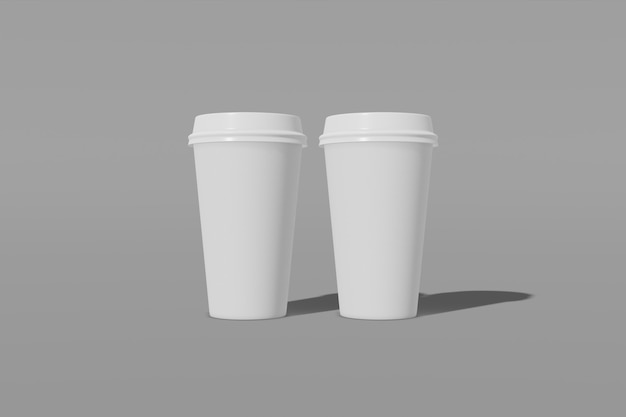 Set of two white paper cup with a lid on a grey background