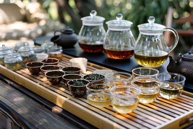 Photo set up a tea tasting station with a variety of chi generative ai