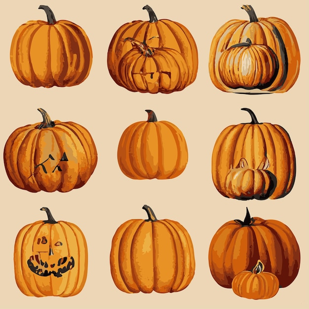 Set of varied pumpkins on a beige background The main symbol of a happy Halloween holiday Orange pumpkin for your festive Halloween design Vector illustration