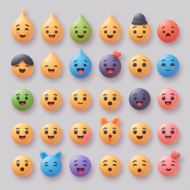 Photo set of various cute cartoon yellow face emoji emotion 3d flat isolated sign symbol