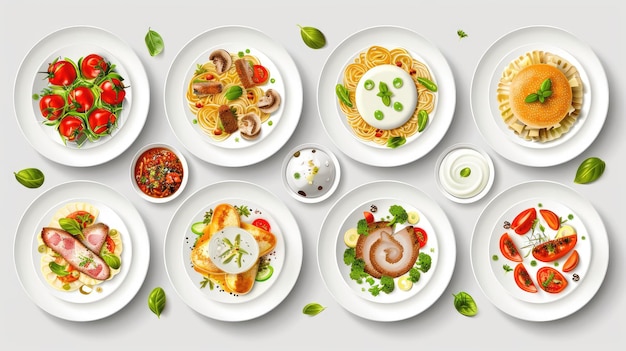 Photo set of various delicious food in white dishes isolated on transparent background top view of various menu served on plates ar 169 job id 246944c1a11c4d3981aac6c82e1dc0f7