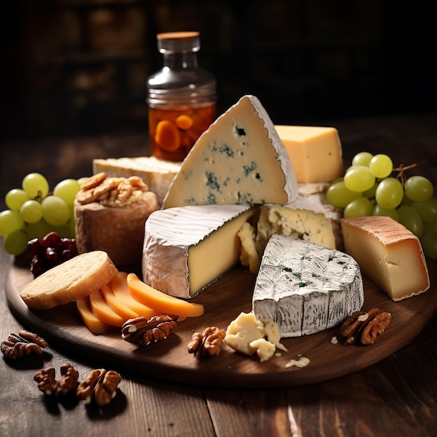 set of various french cheeses on wooden board