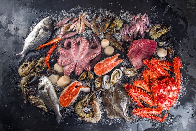 Set of various fresh raw seafood - octopus, crab, squid, shrimp prawn, oyster, mussels, salmon tuna dorada fish with spices of herbs lemon, black background with crushed ice copy space top view