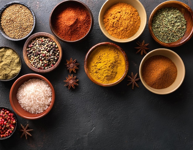 Set of various spices and herbs on black slate background Pepper