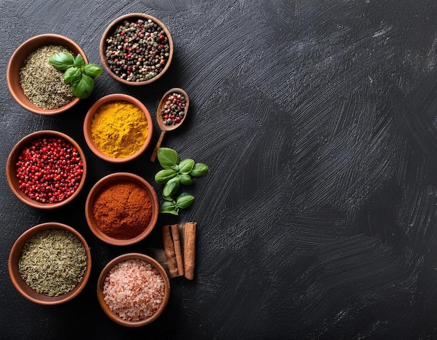 Set of various spices and herbs on black slate background Pepper