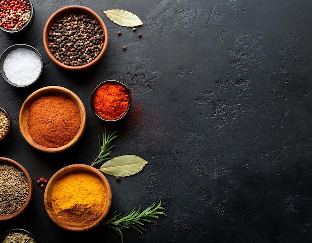 Set of various spices and herbs on black slate background Pepper