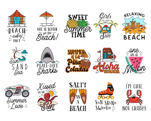 Set of various summer icons with multicolored illustrations and funny inscriptions