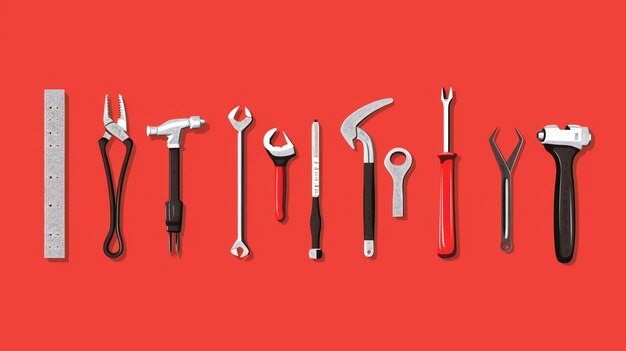 Photo set of various tools isolated on red background