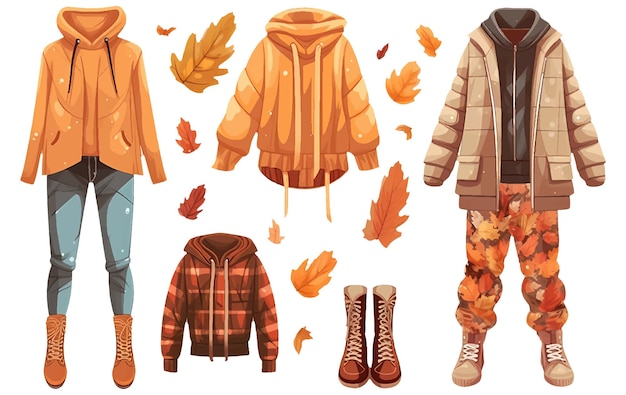 Set vector illustration of casual autumn outfit elements isolated on white baclground