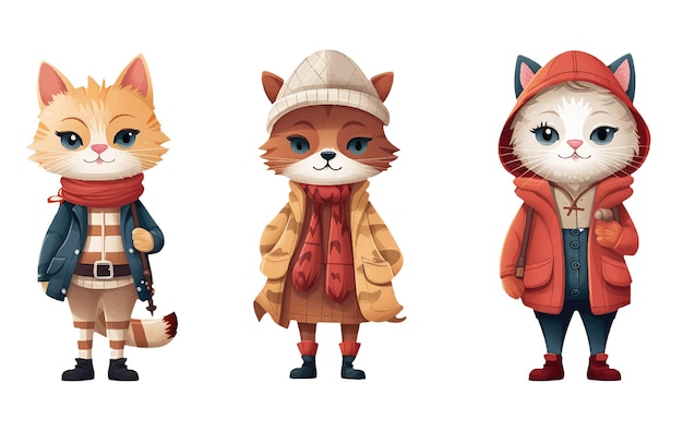 Set vector illustration of cute cat wear casual autumn outfit elements isolated on white background