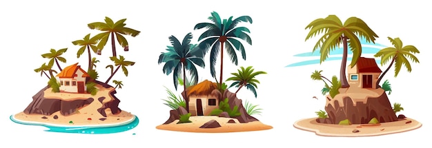 Set vector illustration of island with palm tree and sandy coast isolated on white background