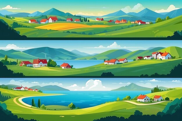 Photo set of vector panoramic illustration of beautiful fields landscape green hills village surrounded by mountains and the sea background in flat cartoon style