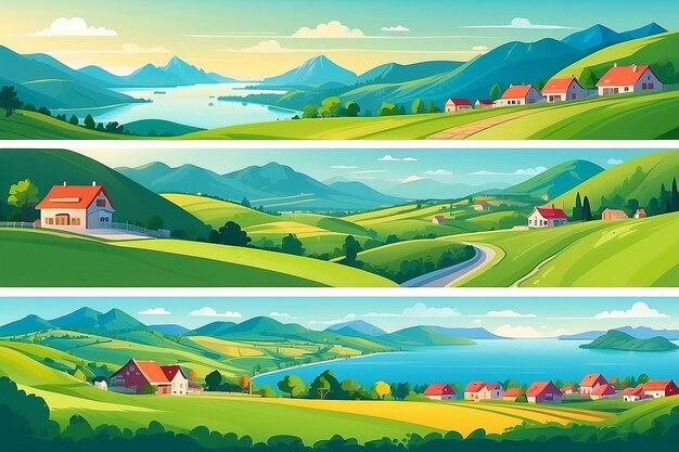 Photo set of vector panoramic illustration of beautiful fields landscape green hills village surrounded by mountains and the sea background in flat cartoon style