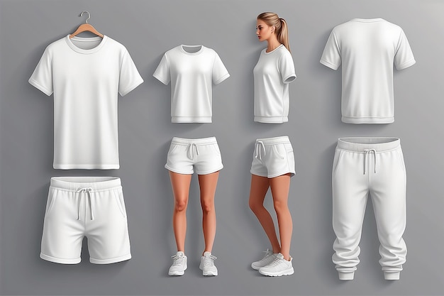 Photo set of vector realistic white tshirt sweatshirt hoodie vest shorts pants base cloth isolated