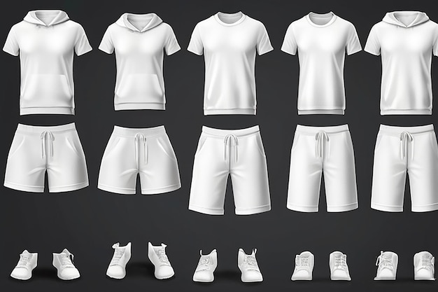 Photo set of vector realistic white tshirt sweatshirt hoodie vest shorts pants base cloth isolated