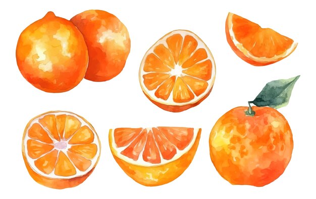 Set vector watercolor illustration of ripe orange isolated on white background