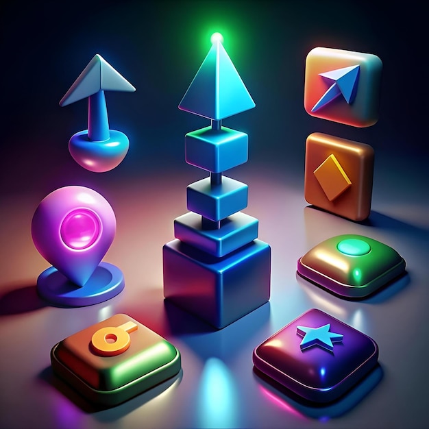 Photo a set of vibrant 3d icons with a neon glow perfect for representing app features web interfaces and user experience design