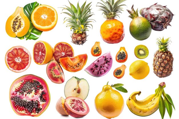 Photo set of vibrant and exotic tropical fruits on white background