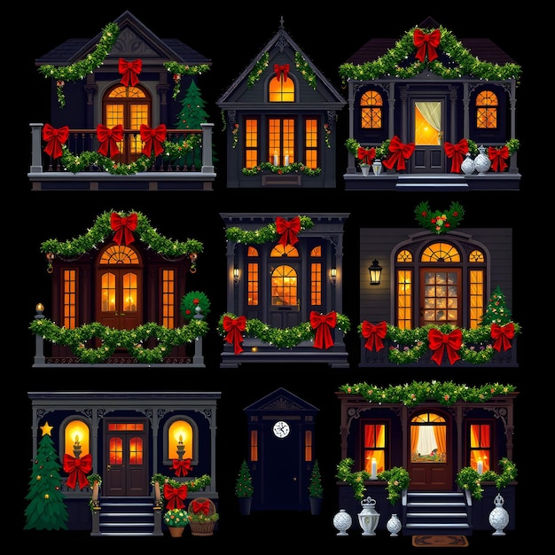 Photo set victorian homes with classic holiday elegance greenery on railings traditional red bows and wh