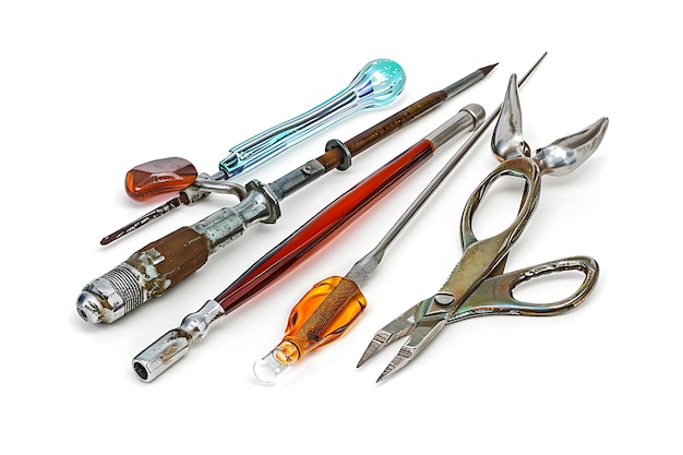 Set of Vintage Glassblowing Tools on White Background