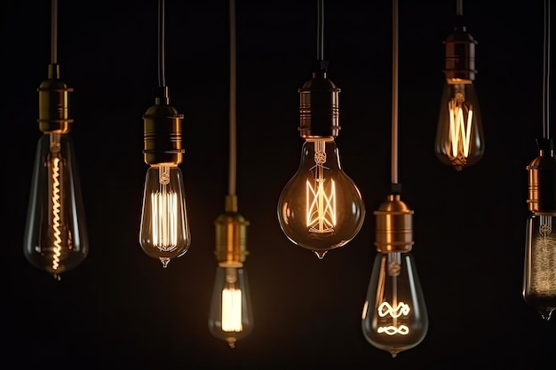 Set of vintage glowing light bulbs on dark background Generative AI