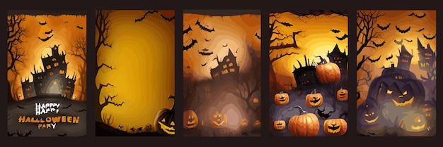 Set vintage greeting cards posters scary gothic pumpkin dark tree branches