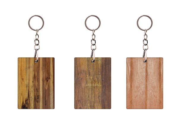 Set of Vintage Keychain with Wooden plank Isolated on a white background Empty space for your Design