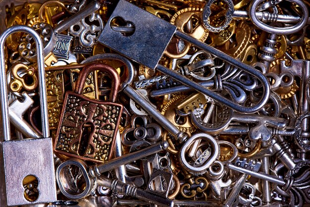 Set of vintage keys and locks close-up.