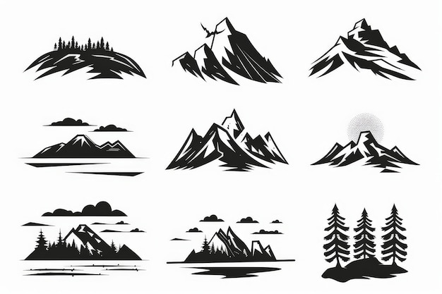 Photo set of vintage mountain emblem logo design black outdoor nature line art icon vector illustration on white background