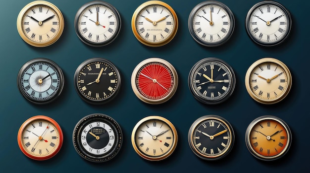 Photo set of vintage retro 3d wall clock for time zones different cities london moscow paris and hong kong vector illustration business metal watch face icon