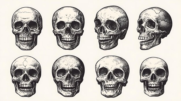 Photo set of vintage retro skull illustrations for halloween badges and posters