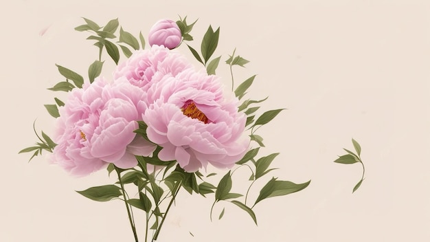 Set vintage watercolor elements of pink peonies Pink and white peony background