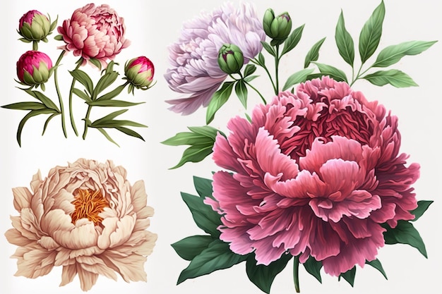 Photo set vintage watercolor elements of red and white peonies collection garden flowers leaves illustration isolated on white backgroundgenerative ai