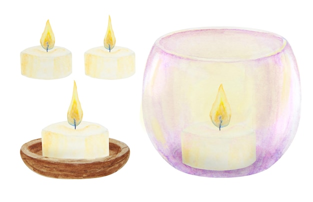 Set of violet glass and wooden candlesticks candles Hand drawn watercolor illustration Good for event Christmas decoration romantic wedding designs