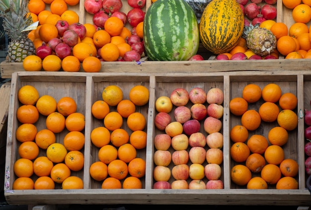 A set of vitamins A boxes with apples and oranges