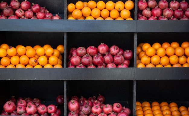 A set of vitamins A boxes with apples and pomegranates