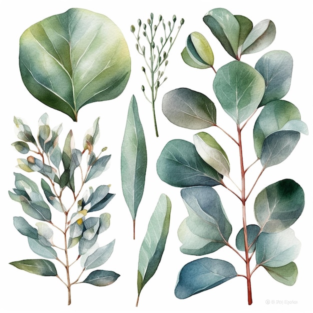 A set of watercolor botanical illustrations eucalyptus green plant and leaves